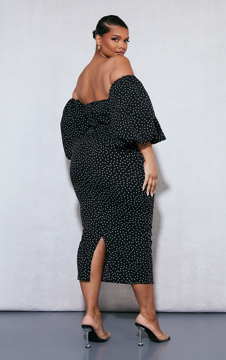 LLstyle Plus Black Polka Dot Bandeau Puff Sleeve Midi Dress