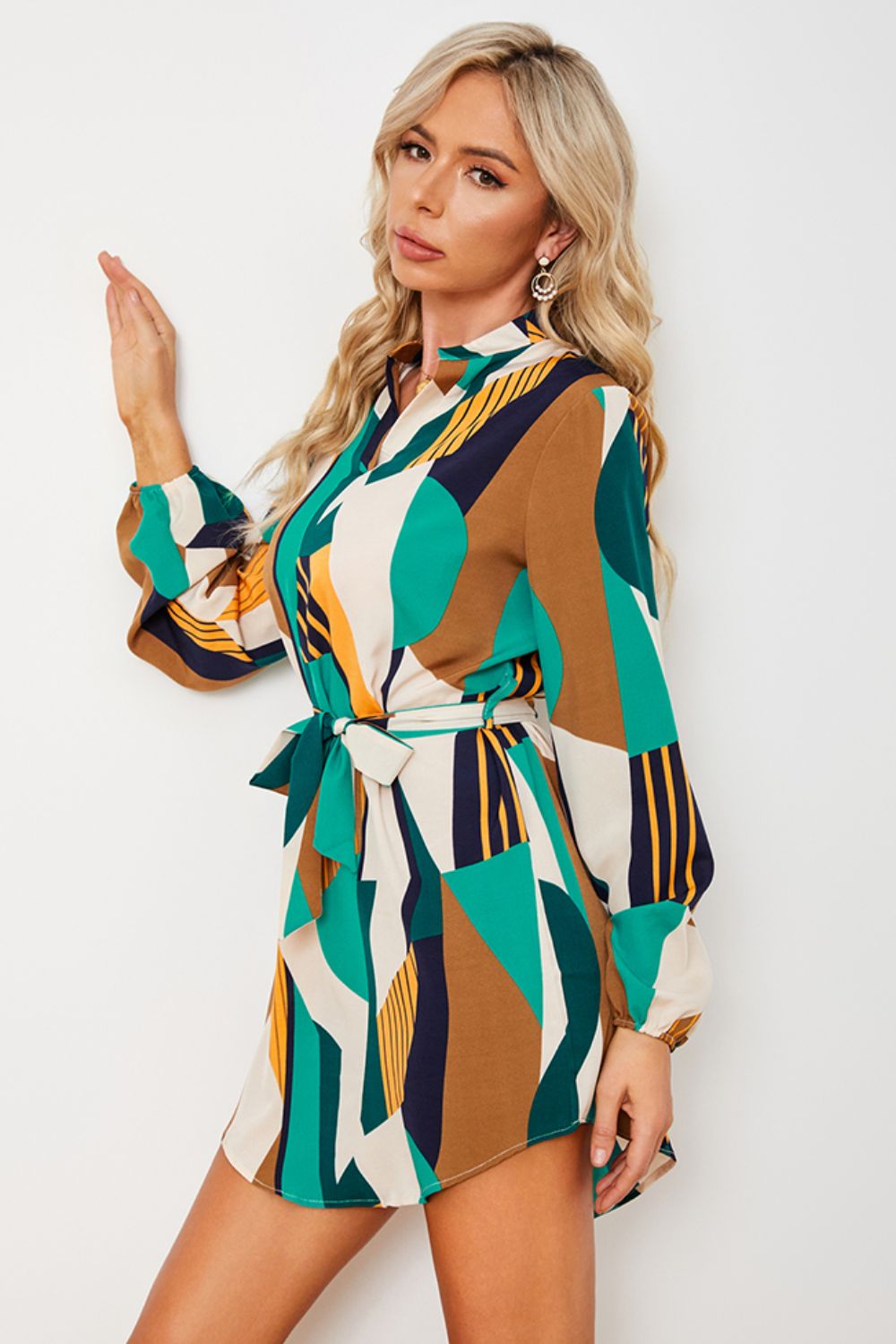 Geometric Print Belted Curved Hem Dress